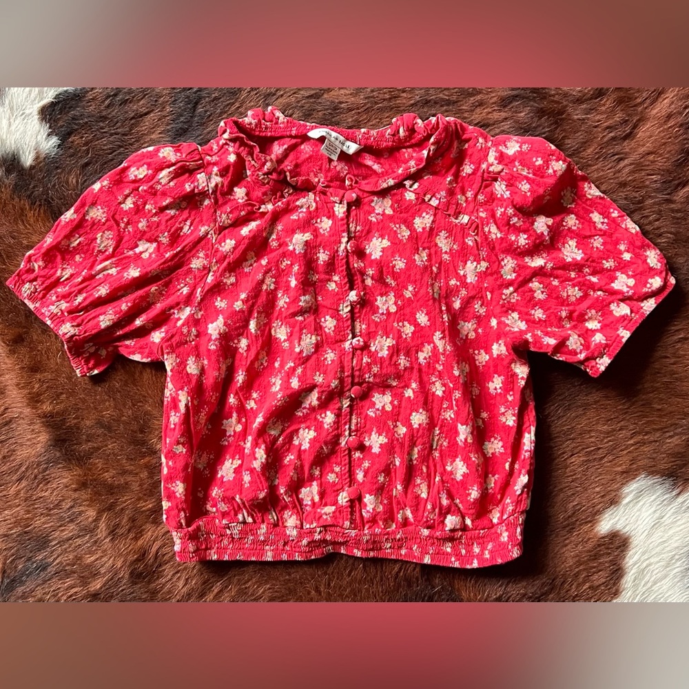 American Eagle Red Floral Button Down Puff Sleeve Top Small